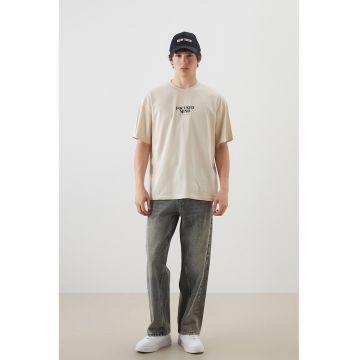 Tricou lejer din bumbac cu imprimeu text - Bej