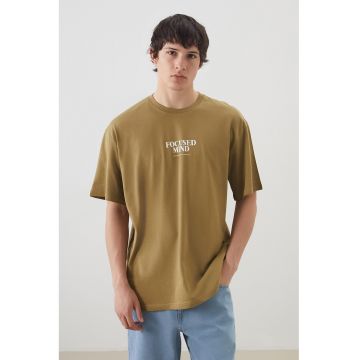 Tricou lejer din bumbac cu imprimeu text - Kaki