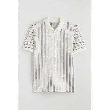 Tricou polo cu croiala slim-fit si dungi - Alb/Gri inchis