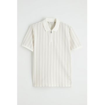 Tricou polo cu croiala slim-fit si dungi - Maro nisip/Alb murdar