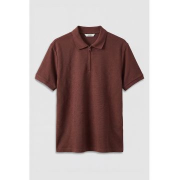 Tricou polo cu fenta cu fermoar - Maro cognac