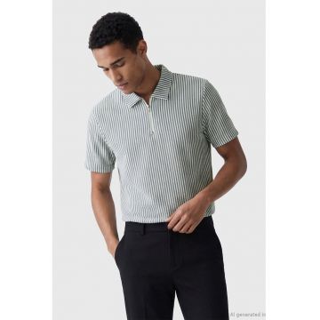 Tricou polo cu fermoar scurt - Alb/Bleumarin