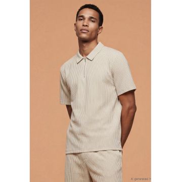 Tricou polo cu model in dungi si fermoar scurt - Bej inchis