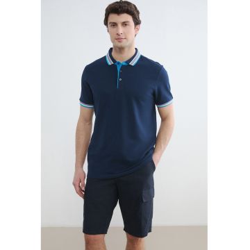 Tricou polo de bumbac - Alb murdar/Albastru deschis/Bleumarin