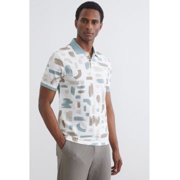 Tricou polo din bumbac cu model - Alb murdar/Verde menta/Maro pamantiu