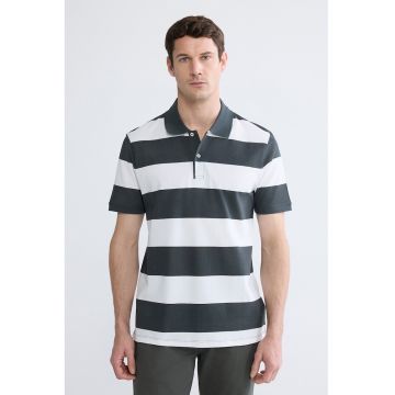 Tricou polo din bumbac cu model in dungi - Alb optic/Gri antracit