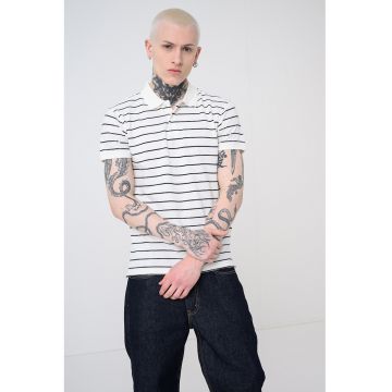 Tricou polo din bumbac pique cu dungi - Alb/Negru