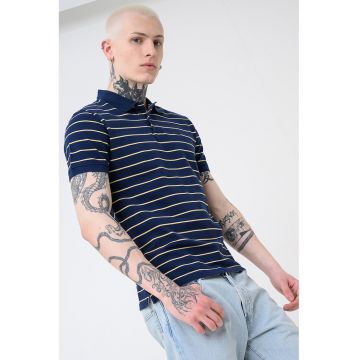 Tricou polo din bumbac pique cu dungi - Galben pai/Bleumarin