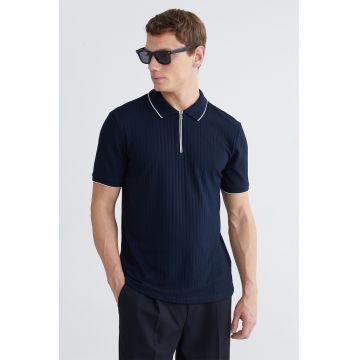 Tricou polo din tricot cu fenta scurta cu fermoar - Alb/Albastru ultramarin