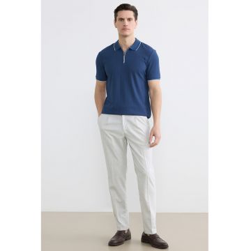 Tricou polo din tricot cu fenta scurta cu fermoar - Albastru inchis/Alb optic