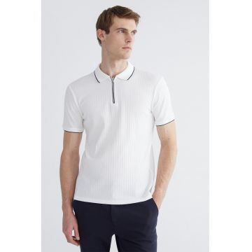Tricou polo din tricot cu fenta scurta cu fermoar - Negru/Alb murdar