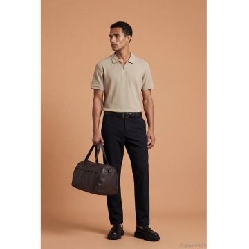 Tricou polo tricotat cu fenta scurta cu fermoar - Maro camel