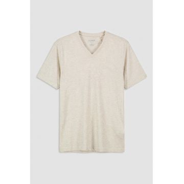 Tricou regular-fit cu decolteu in V si model uni - Bej melange