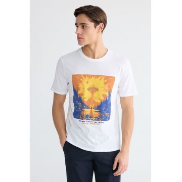 Tricou regular fit cu imprimeu frontal contrastant - Alb/Portocaliu mandarina/Albastru