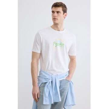 Tricou regular fit cu imprimeu pe piept - Alb optic/Verde deschis