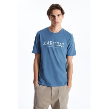 Tricou regular-fit cu imprimeu text pe piept - Albastru prafuit