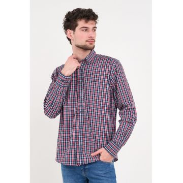 Camasa din bumbac cu model in carouri si guler fixat cu nasturi - Rosu/Bleumarin