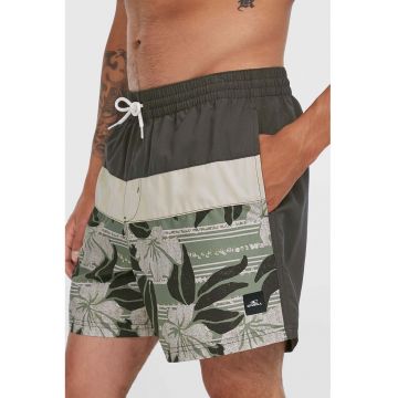 Pantaloni scurti de baie cu imprimeu floral frontal - Kaki inchis/Alb murdar