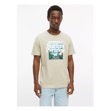 Tricou barbati din bumbac - cu imprimeu foto - Regular fit - Bej -