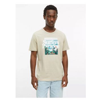 Tricou barbati din bumbac - cu imprimeu foto - Regular fit - Bej -