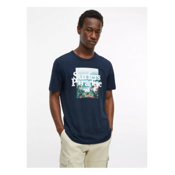 Tricou barbati din bumbac - cu imprimeu foto - Regular fit - Bleumarin inchis -