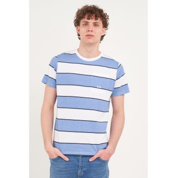 Tricou cu dungi si buzunar pe piept - Alb/Albastru deschis