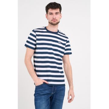 Tricou cu dungi si logo discret - Alb/Bleumarin