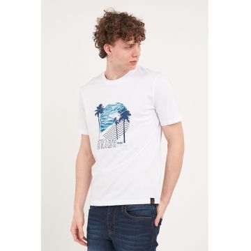Tricou de bumbac cu imprimeu tropical - Alb/Bleumarin