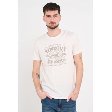 Tricou din bumbac cu decolteu la baza gatului si imprimeu - Alb/Bej inchis