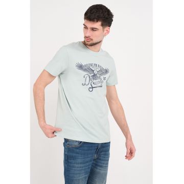 Tricou din bumbac cu decolteu la baza gatului si imprimeu frontal - Albastru ultramarin/Albastru glaciar