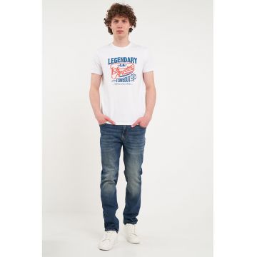 Tricou din bumbac cu imprimeu logo si text - Alb/Portocaliu mandarina/Albastru