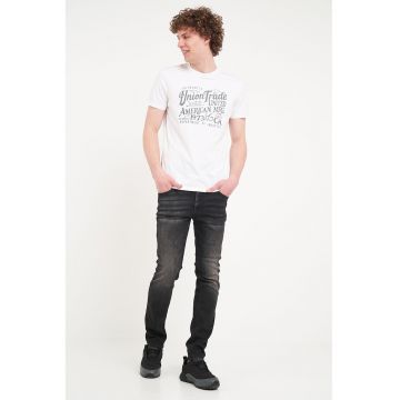 Tricou din bumbac cu imprimeu text si decolteu la baza gatului - Alb/Gri inchis
