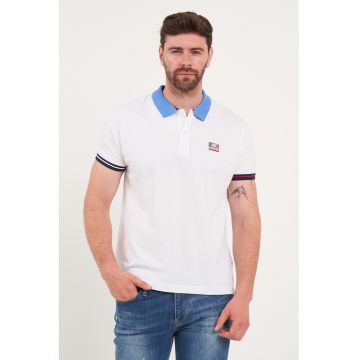 Tricou polo cu guler si mansete contrastante - Alb/Albastru