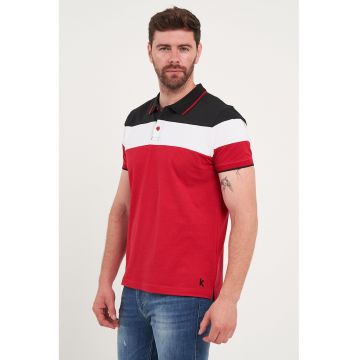 Tricou polo cu model colorblock - Rosu/Negru/Alb murdar