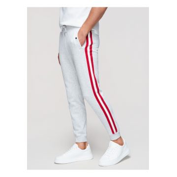 Pantaloni jogger cu elastic si buzunare laterale din material moale - Gri dechis melange