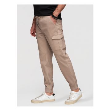 Pantaloni joggers cu buzunare cargo si material elastic - Bej inchis