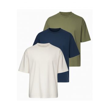 Tricou barbati cu croiala loose fit din jersey elastic - Albastru inchis/Kaki/Alb murdar