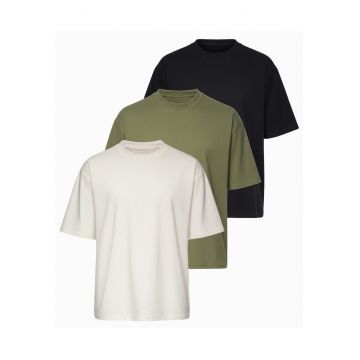 Tricou barbati cu croiala loose fit din jersey elastic - Negru/Kaki/Alb murdar