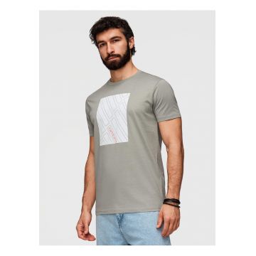 tricou barbati cu imprimeu geometric din bumbac si croiala regular fit - Gri