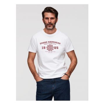 tricou barbati cu print inspirat din stilul colegial din bumbac - Alb