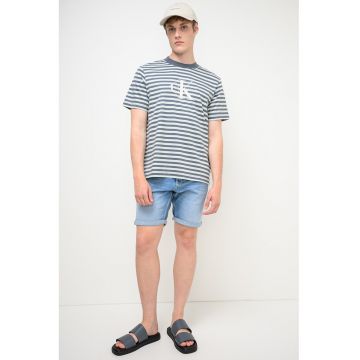 Tricou cu decolteu la baza gatului si dungi - Albastru glaciar/Gri inchis