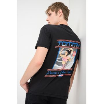 Tricou cu decolteu la baza gatului si imprimeu - Alb/Negru/Albastru