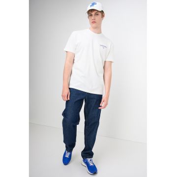 Tricou cu decolteu la baza gatului si imprimeu - Alb/Portocaliu mandarina/Albastru