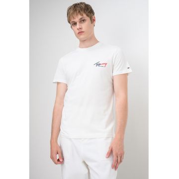 Tricou cu decolteu la baza gatului si imprimeu logo - Alb