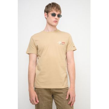 Tricou cu decolteu la baza gatului si imprimeu logo - Bej