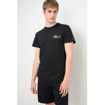Tricou cu decolteu la baza gatului si imprimeu logo - Negru