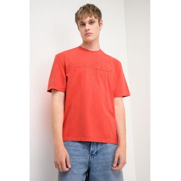 Tricou cu decolteu la baza gatului si imprimeu logo - Portocaliu mandarina