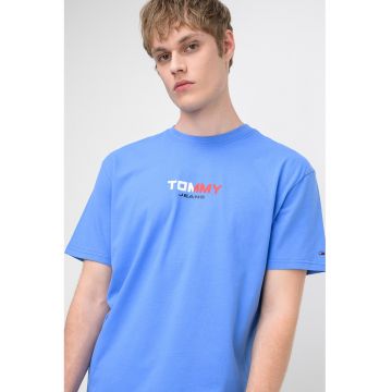 Tricou cu decolteu la baza gatului si imprimeu logo - Rosu/Alb/Albastru deschis