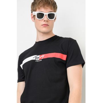 Tricou cu decolteu la baza gatului si imprimeu logo - Rosu/Alb/Negru