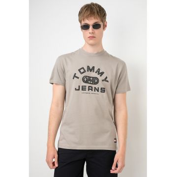 Tricou cu decolteu la baza gatului si logo - Negru/Maro deschis